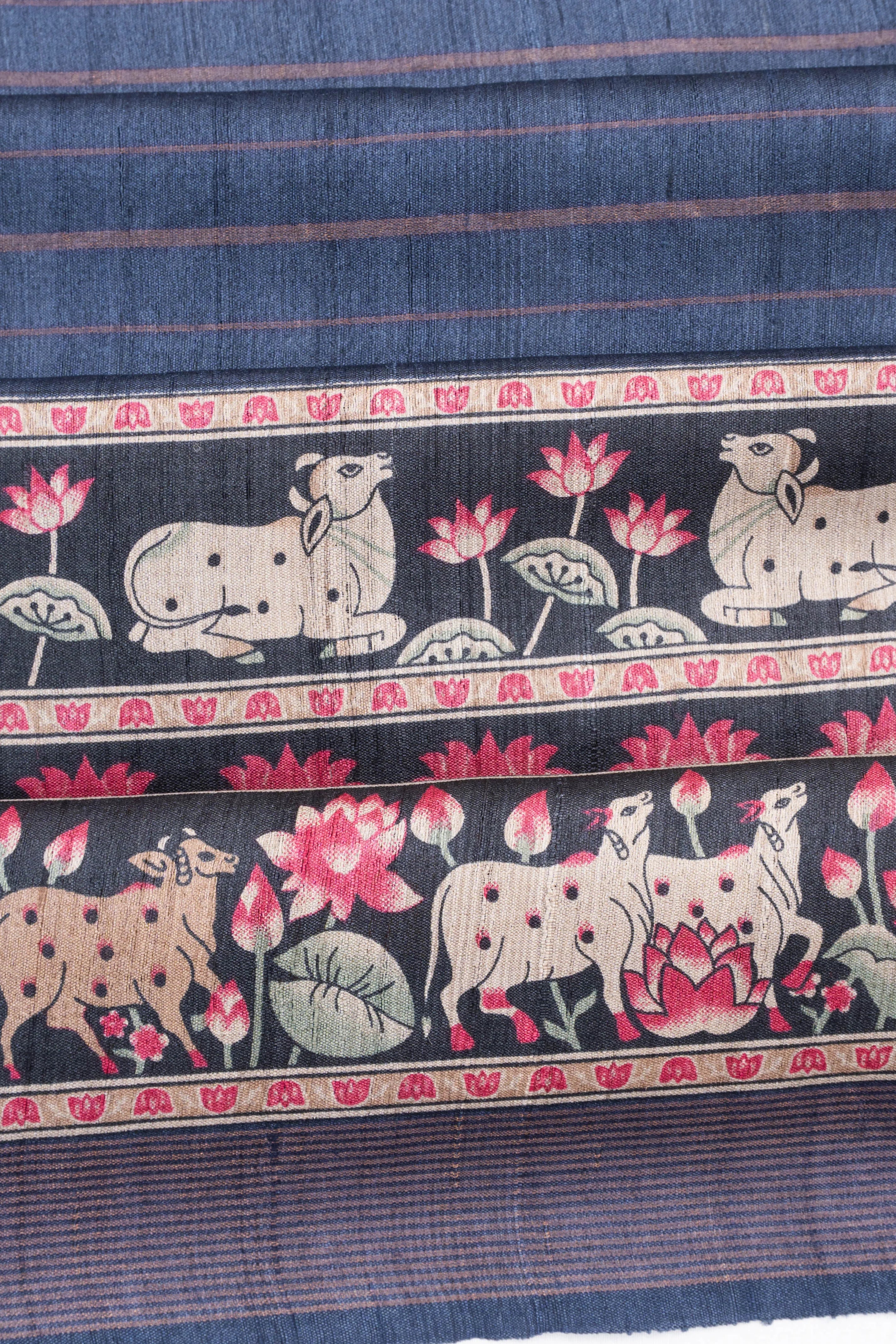 Bhagalpuri Tussar Lines Blue Saree With Pichwai Border