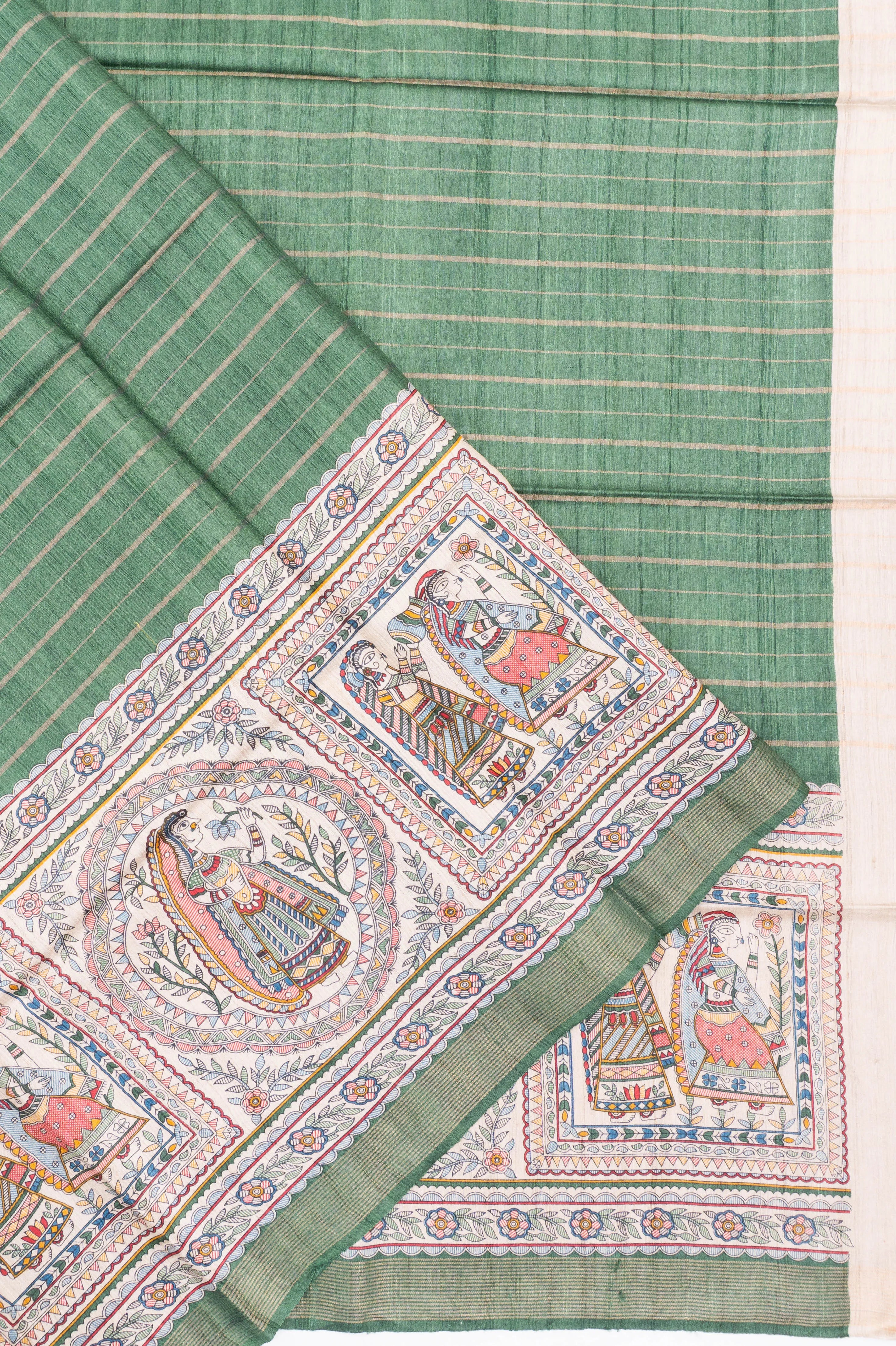 Bhagalpuri Tussar Lines Green Saree