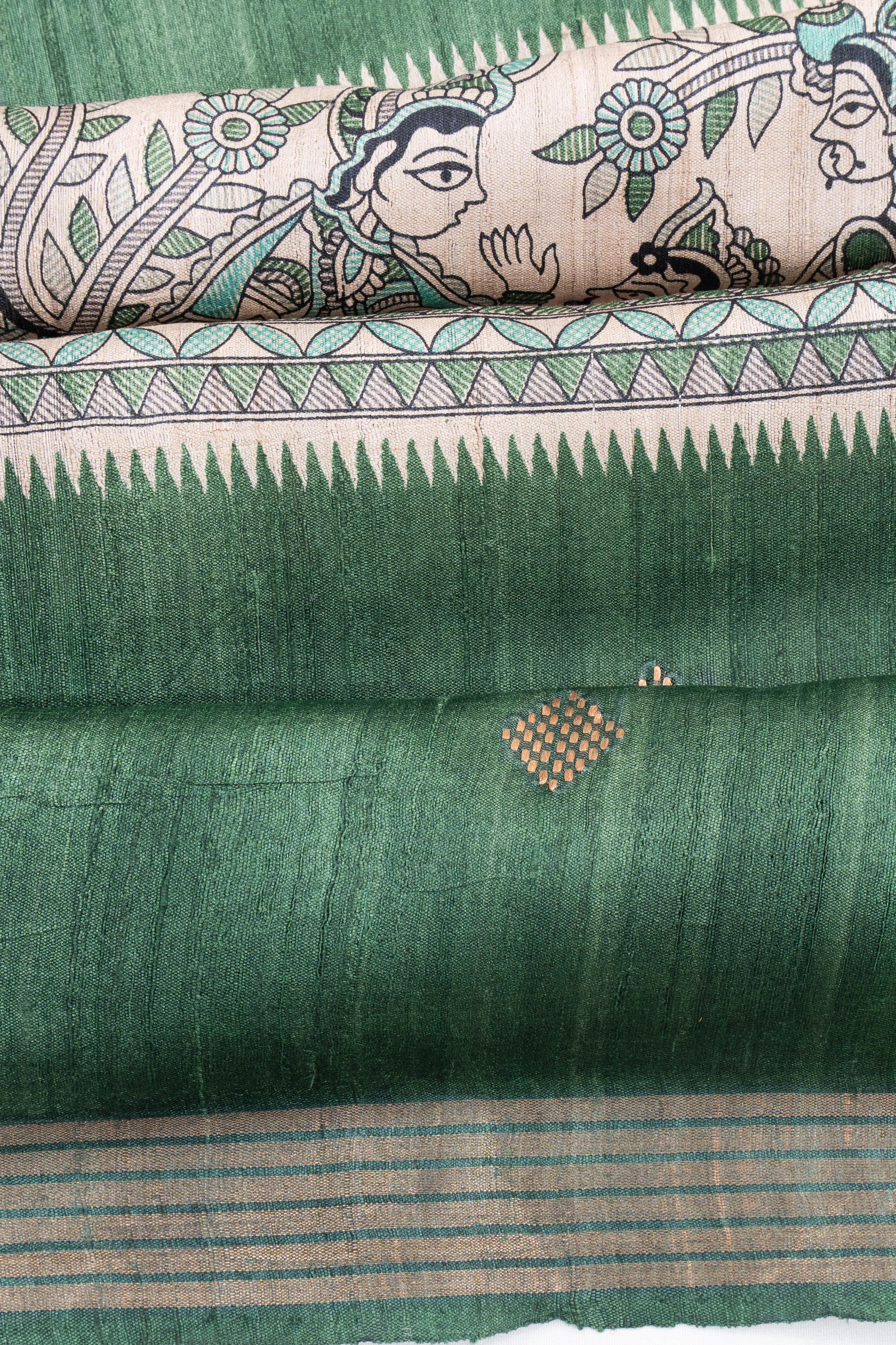 Bhagalpuri Tussar Printed And Butta Green Saree