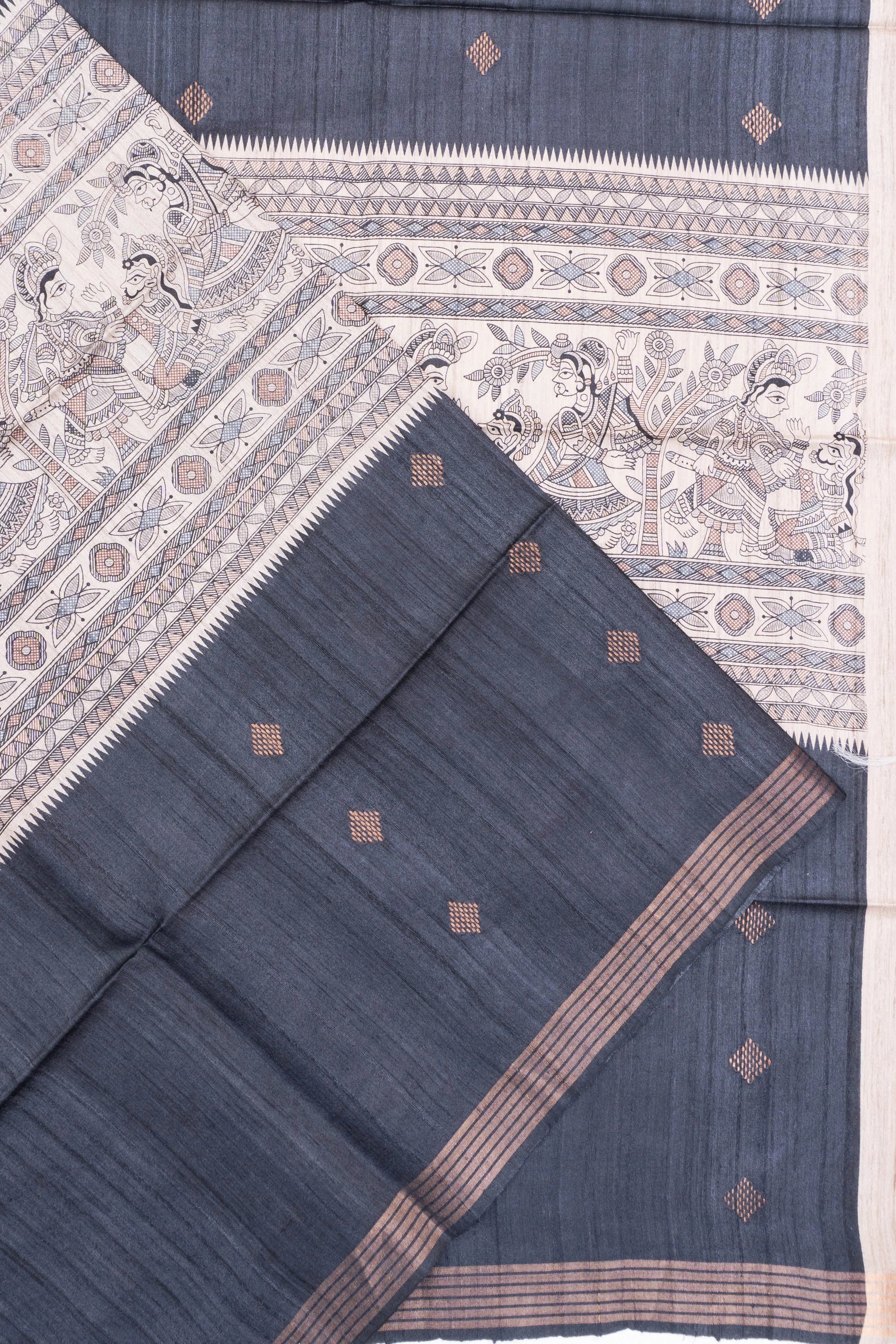 Bhagalpuri Tussar Printed And Butta Black Saree