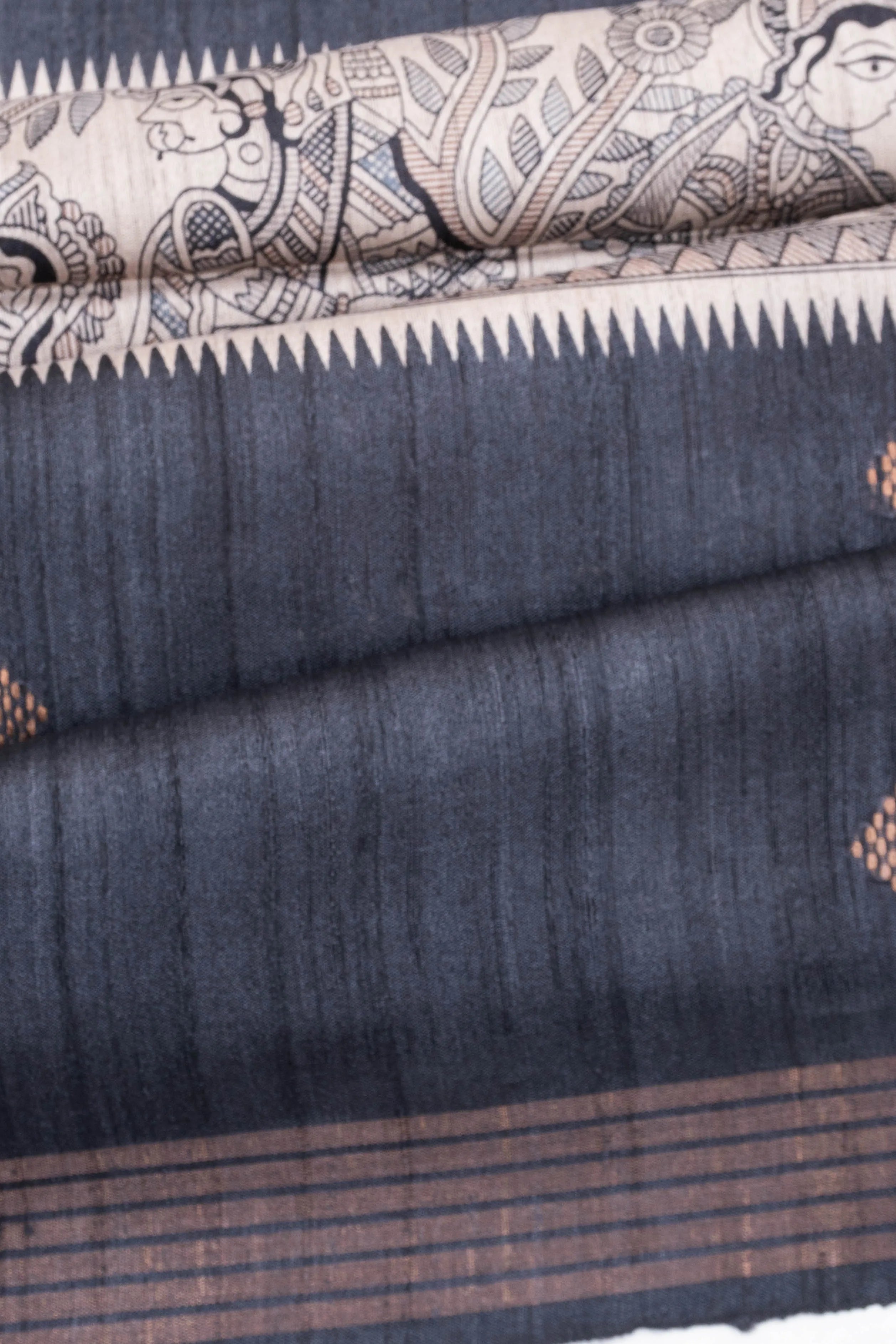 Bhagalpuri Tussar Printed And Butta Black Saree