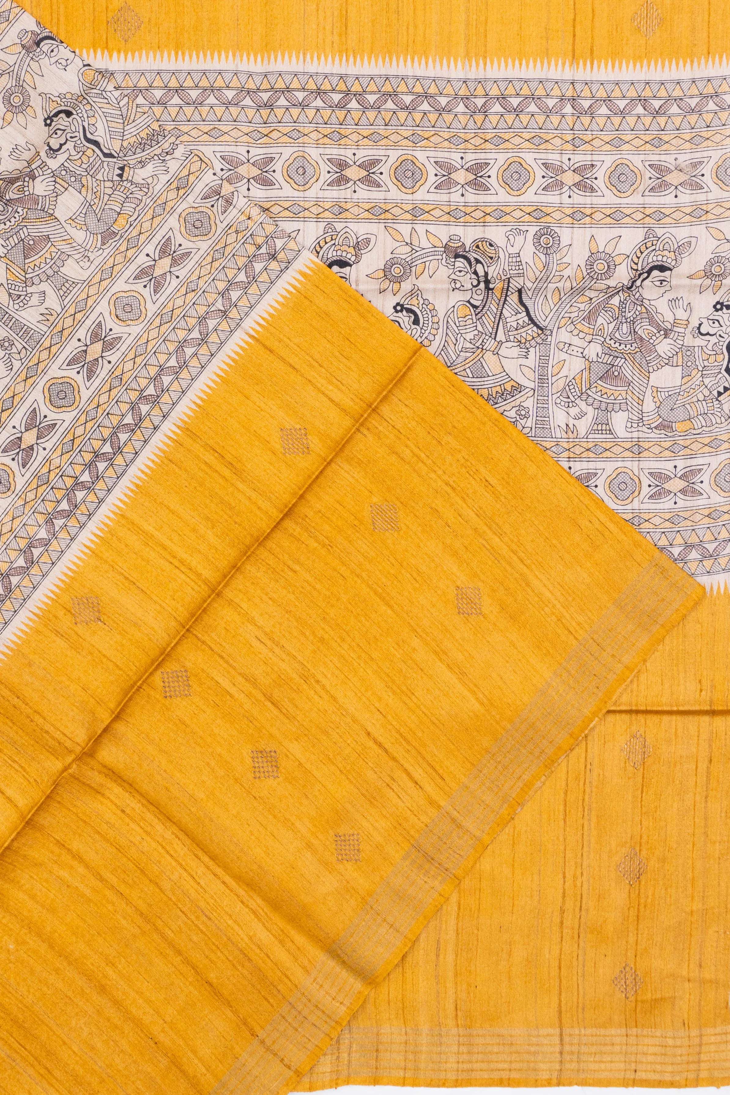 Bhagalpuri Tussar Printed And Butta Yellow Saree