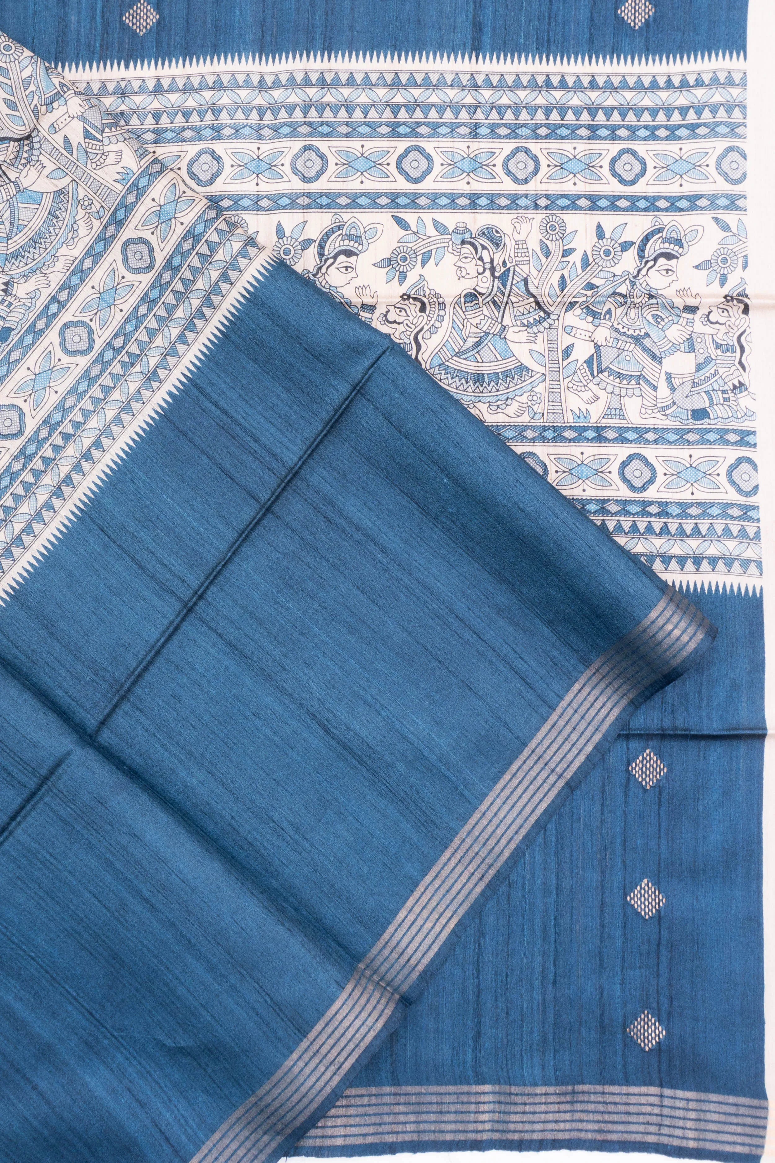 Bhagalpuri Tussar Printed And Butta Blue Saree