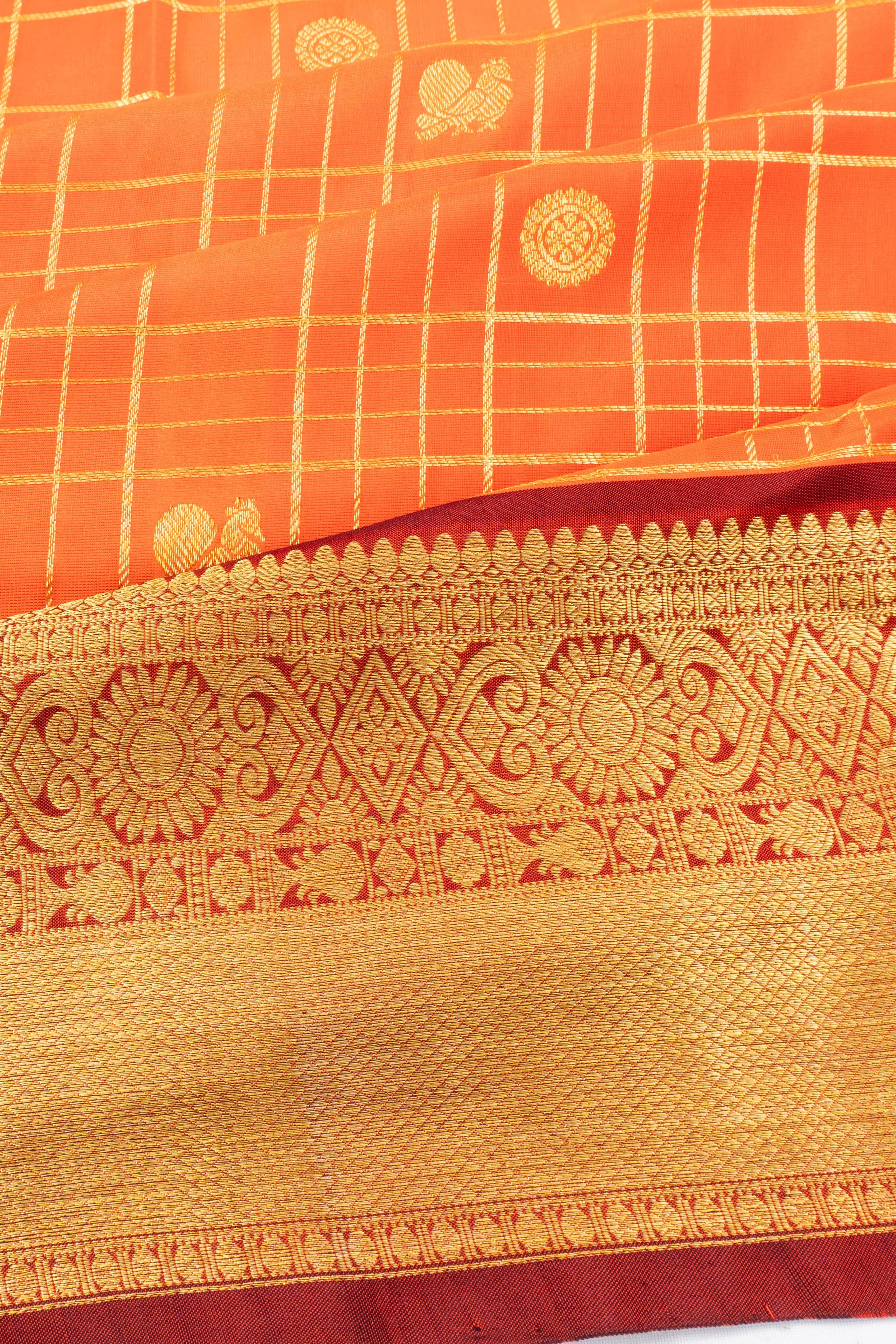Venkatagiri Silk Checks And Butta Orange Saree