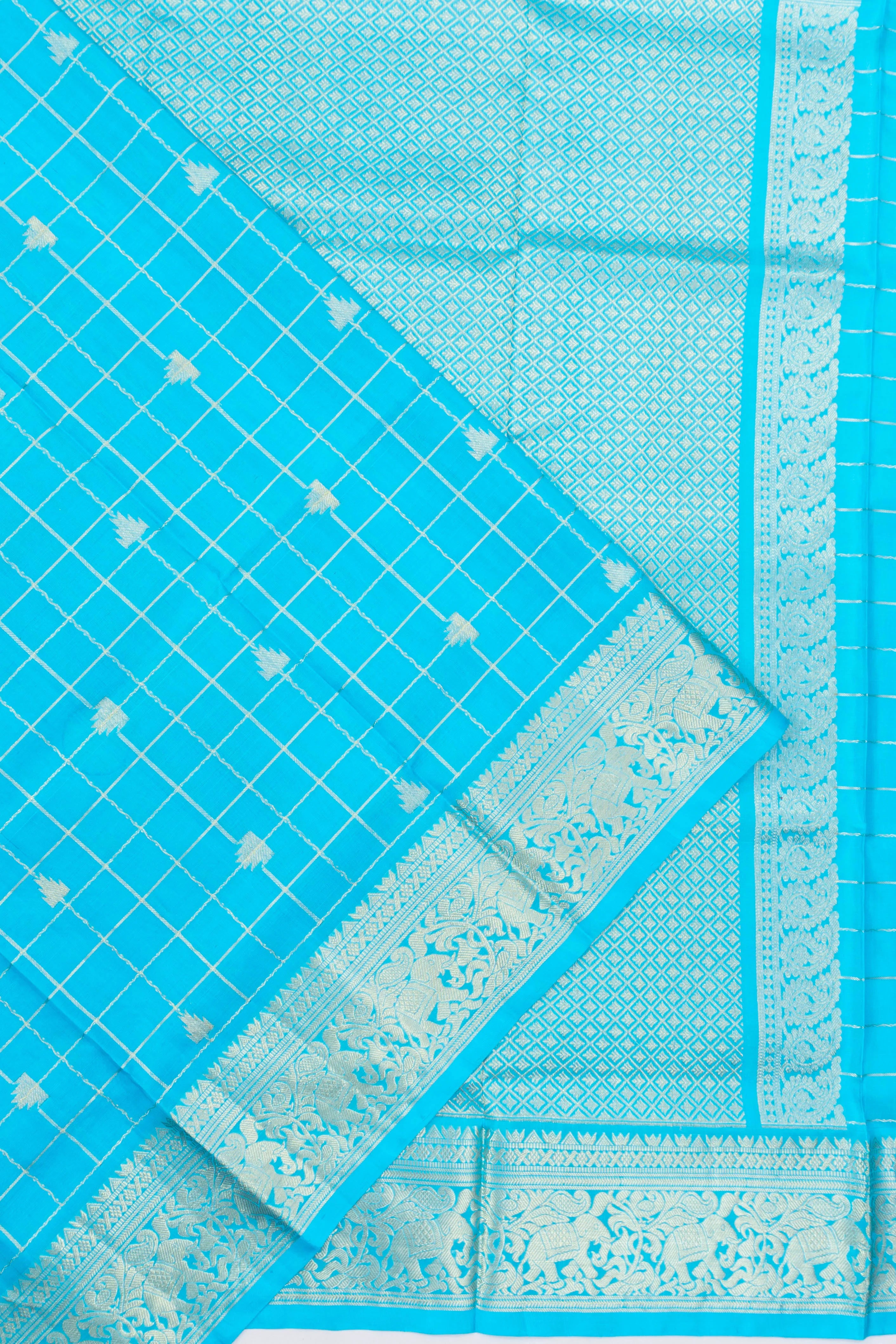 Venkatagiri Silk Checks And Butta Sky Blue Saree