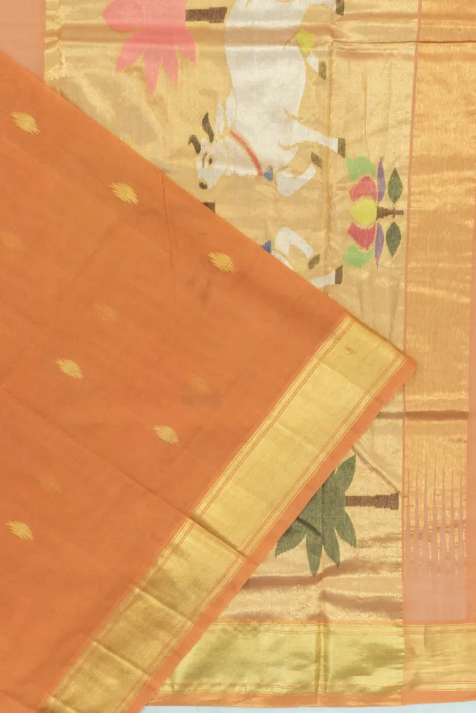 Venkatagiri Cotton Butta Orange Saree With Jamdani Pallu
