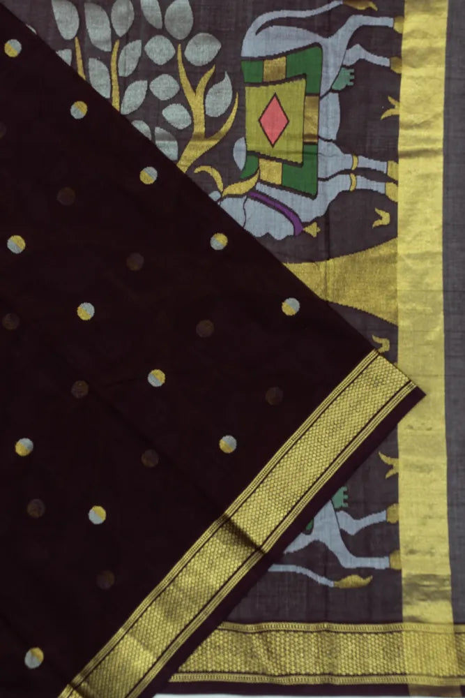 Venkatagiri Cotton Butta Brown Saree With Jamdani Pichwai Pallu
