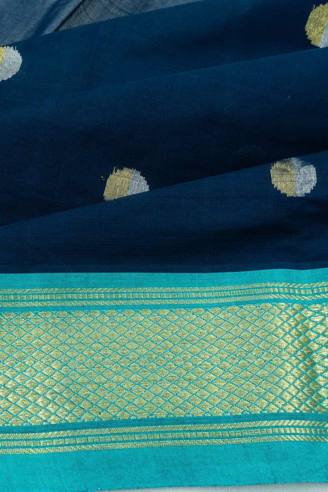 Venkatagiri Cotton Butta Teal Blue Saree With Jamdani Pichwai Pallu