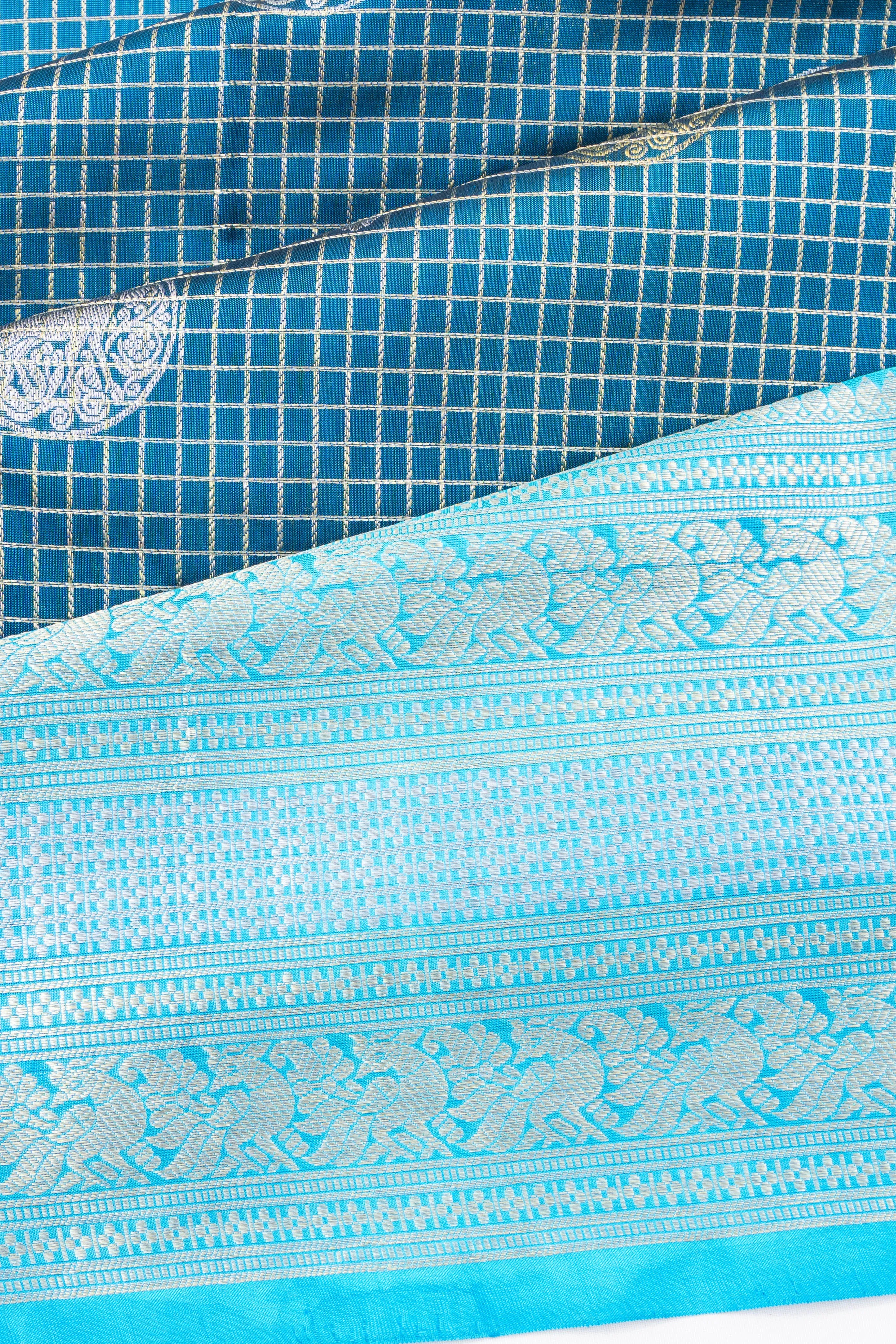 Venkatagiri Silk Checks And Butta Teal Blue Saree