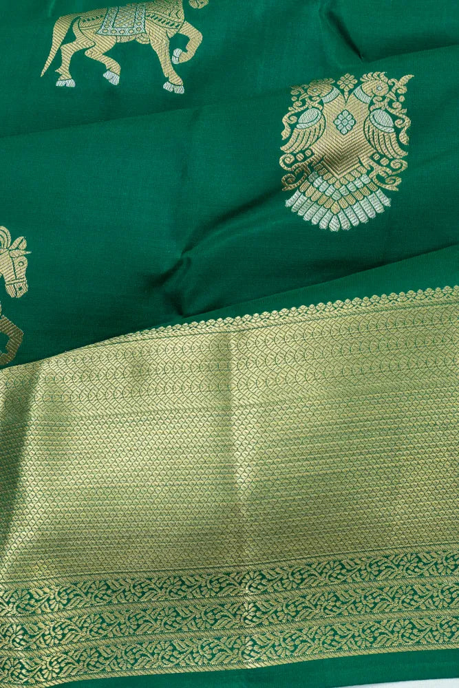 Taranga Kanchi Silk Butta Bottle Green Saree