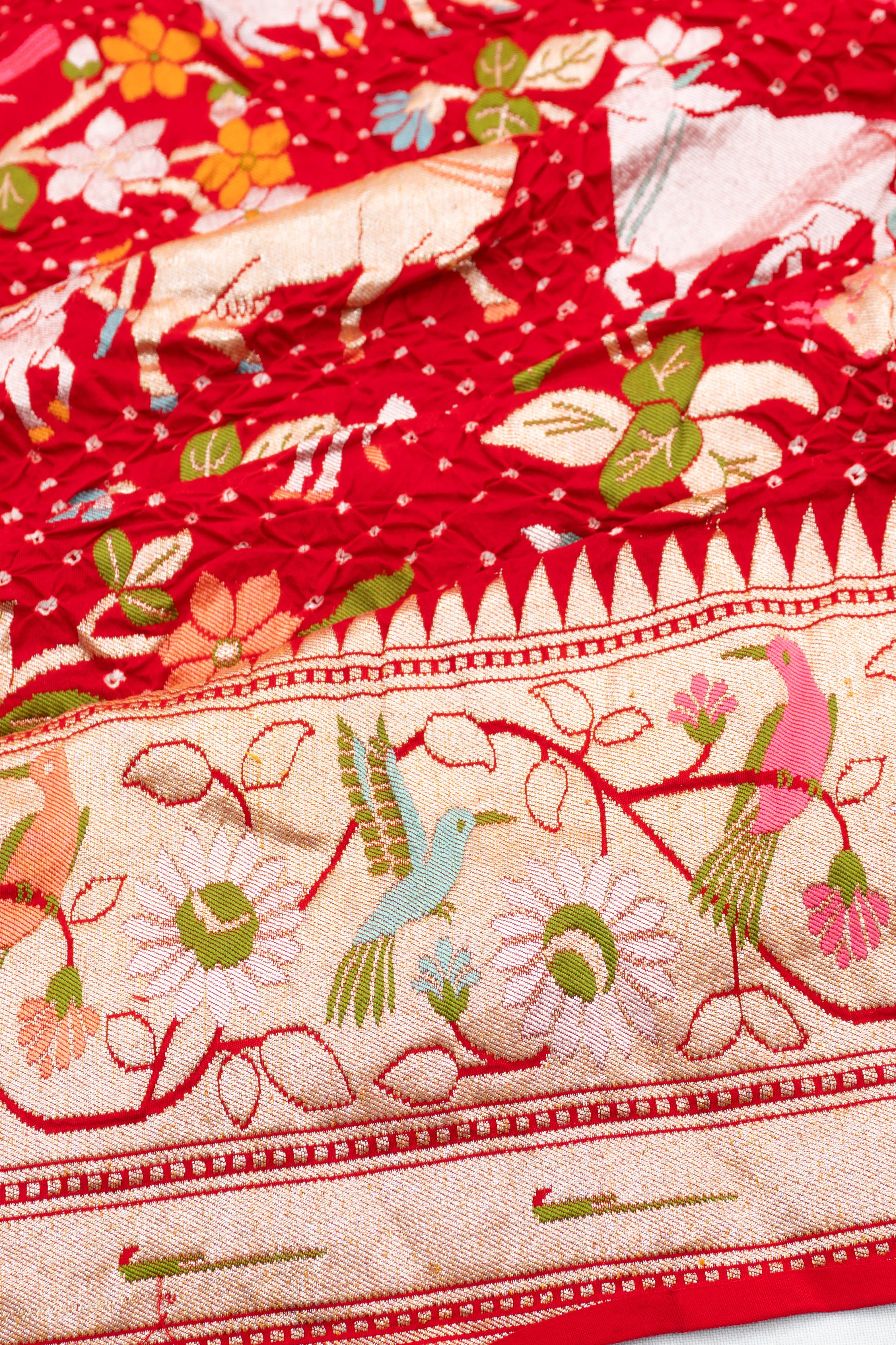 Banarasi Georgette Bandhani Jaal Red Saree With Pichwai Motifs