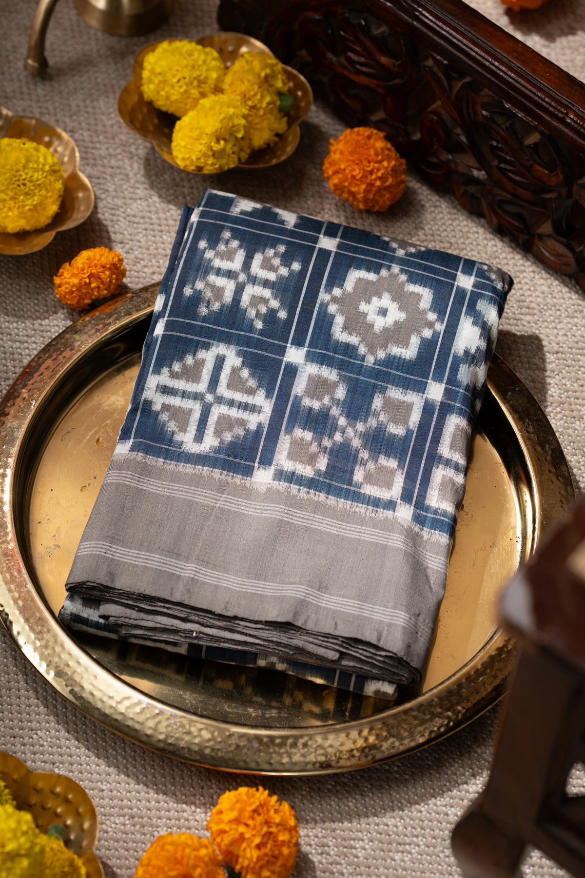Telia Rumal Natural Dye Pochampally Silk Double Ikat Blue Saree