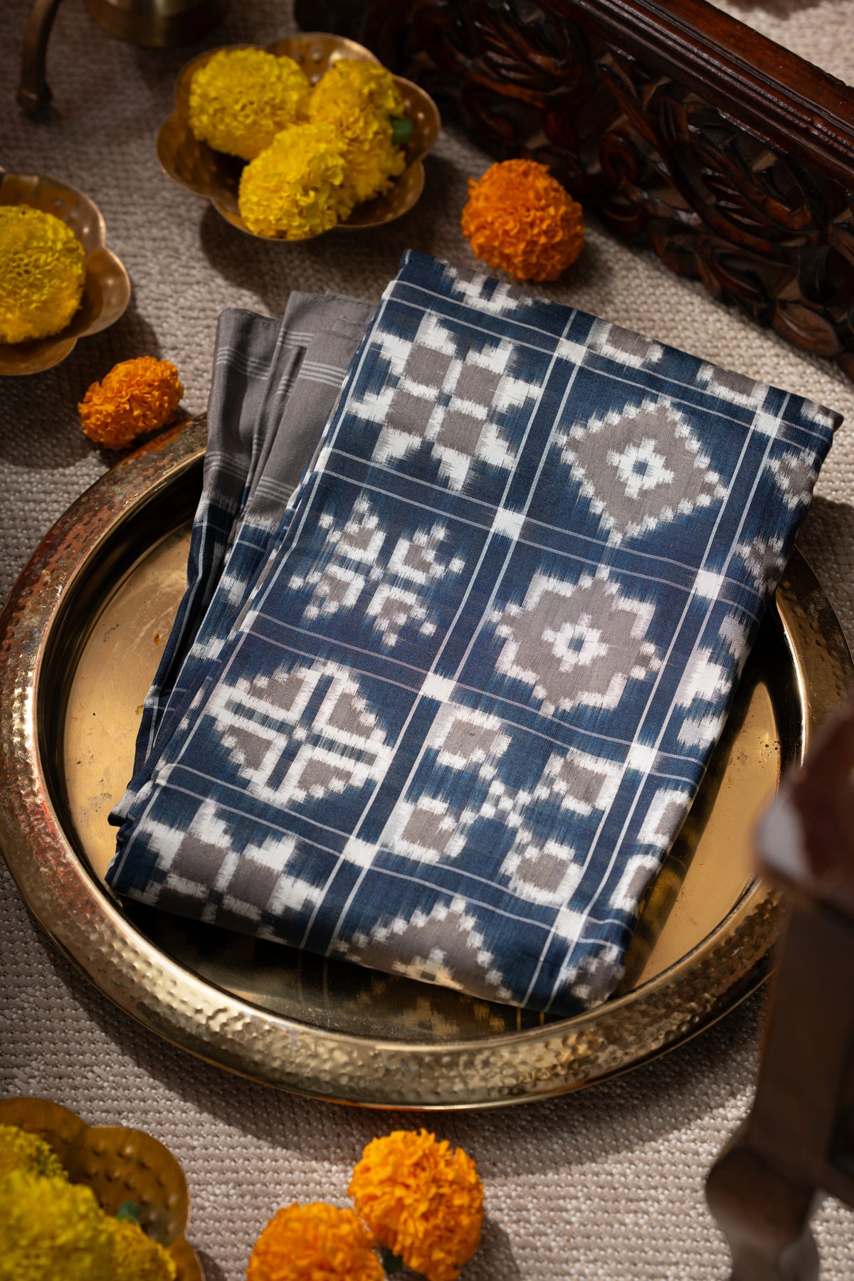 Telia Rumal Natural Dye Pochampally Silk Double Ikat Blue Saree