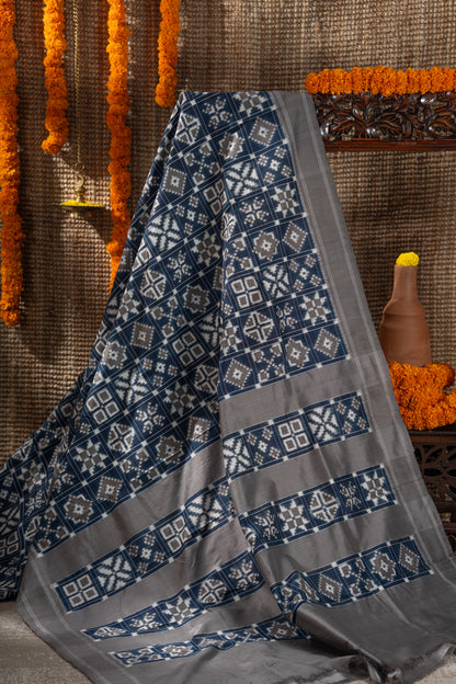 Telia Rumal Natural Dye Pochampally Silk Double Ikat Blue Saree