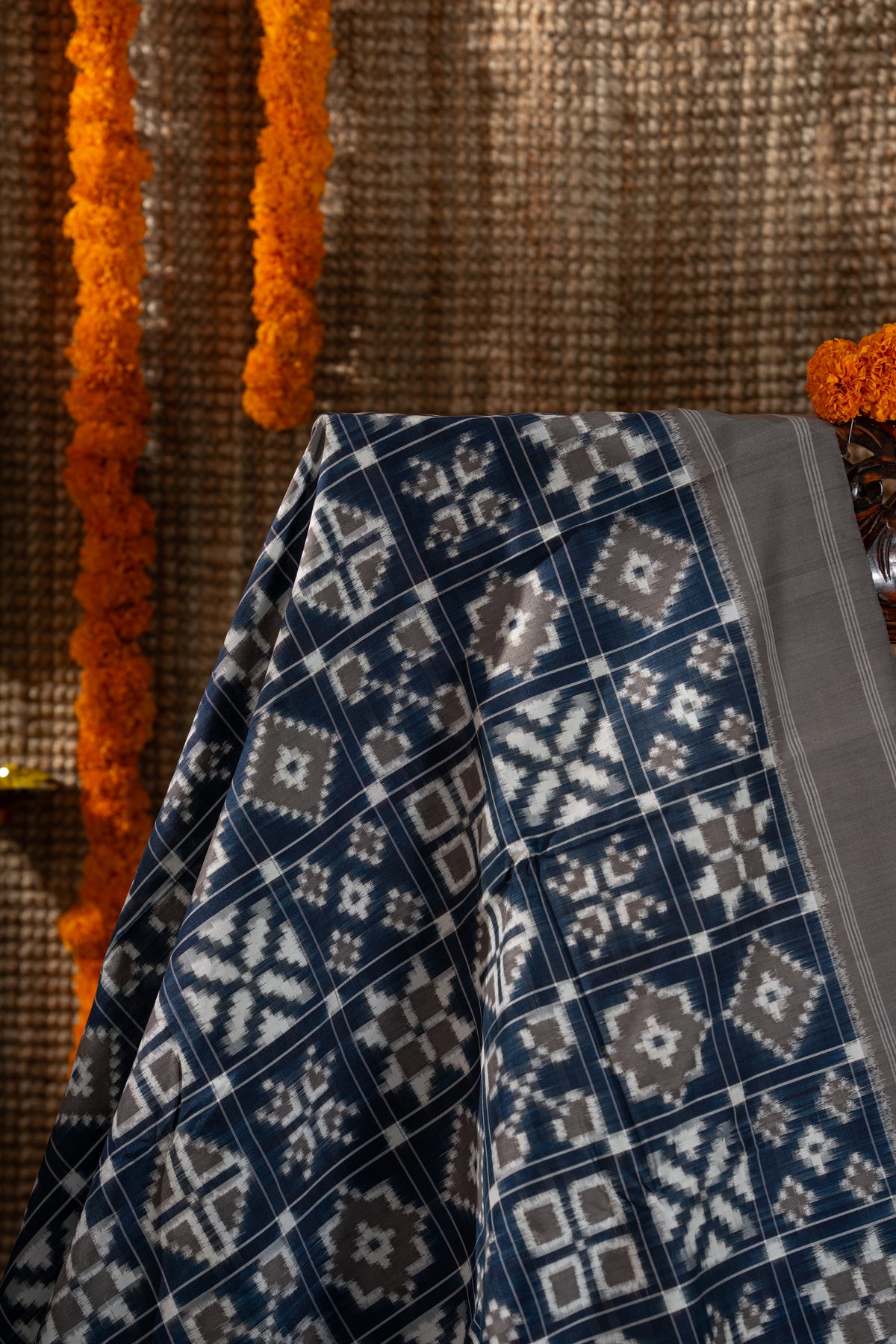 Telia Rumal Natural Dye Pochampally Silk Double Ikat Blue Saree