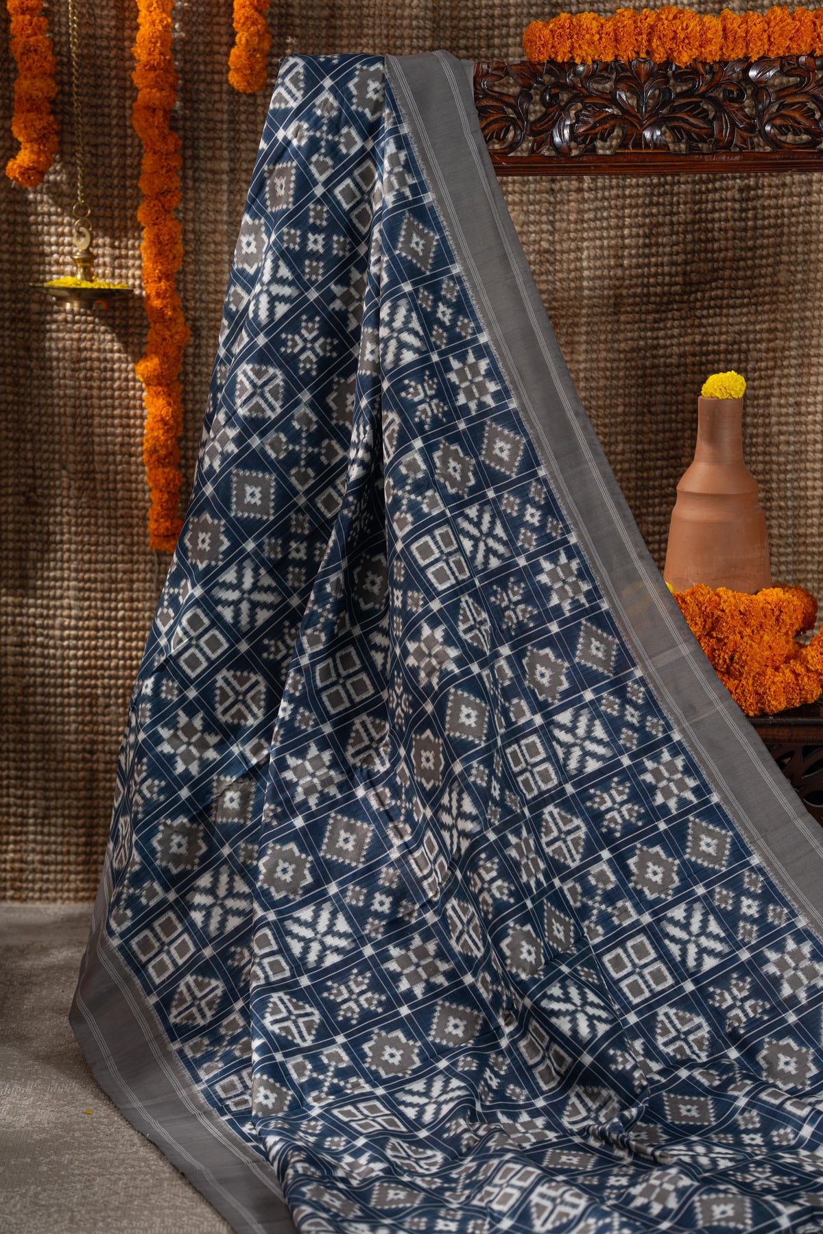 Telia Rumal Natural Dye Pochampally Silk Double Ikat Blue Saree