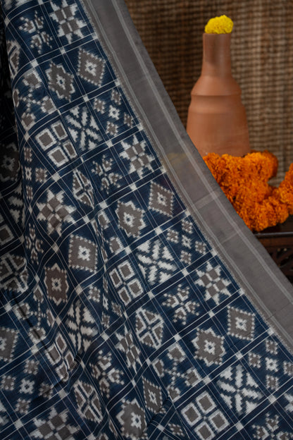 Telia Rumal Natural Dye Pochampally Silk Double Ikat Blue Saree