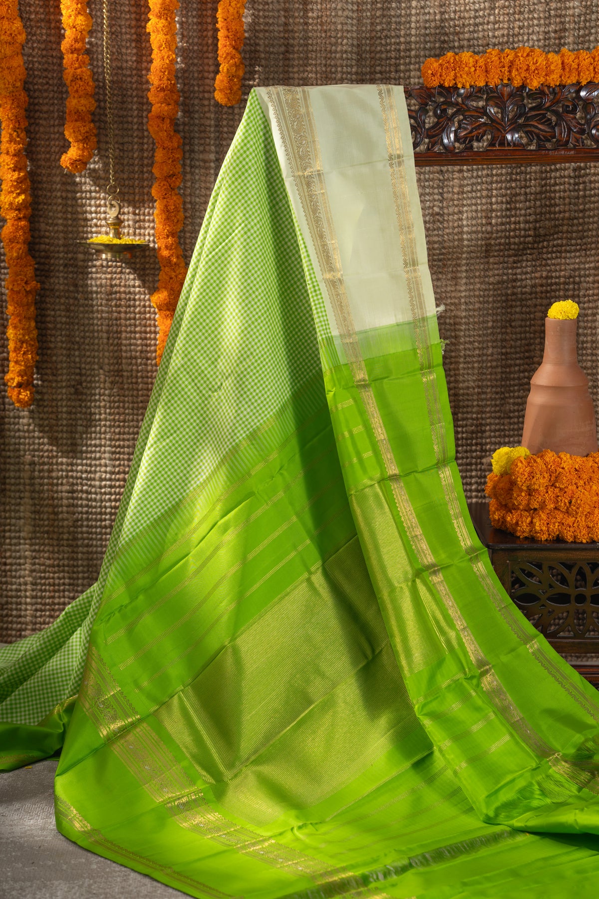 Classic Kanchipuram Silk Checks Parrot Green Saree