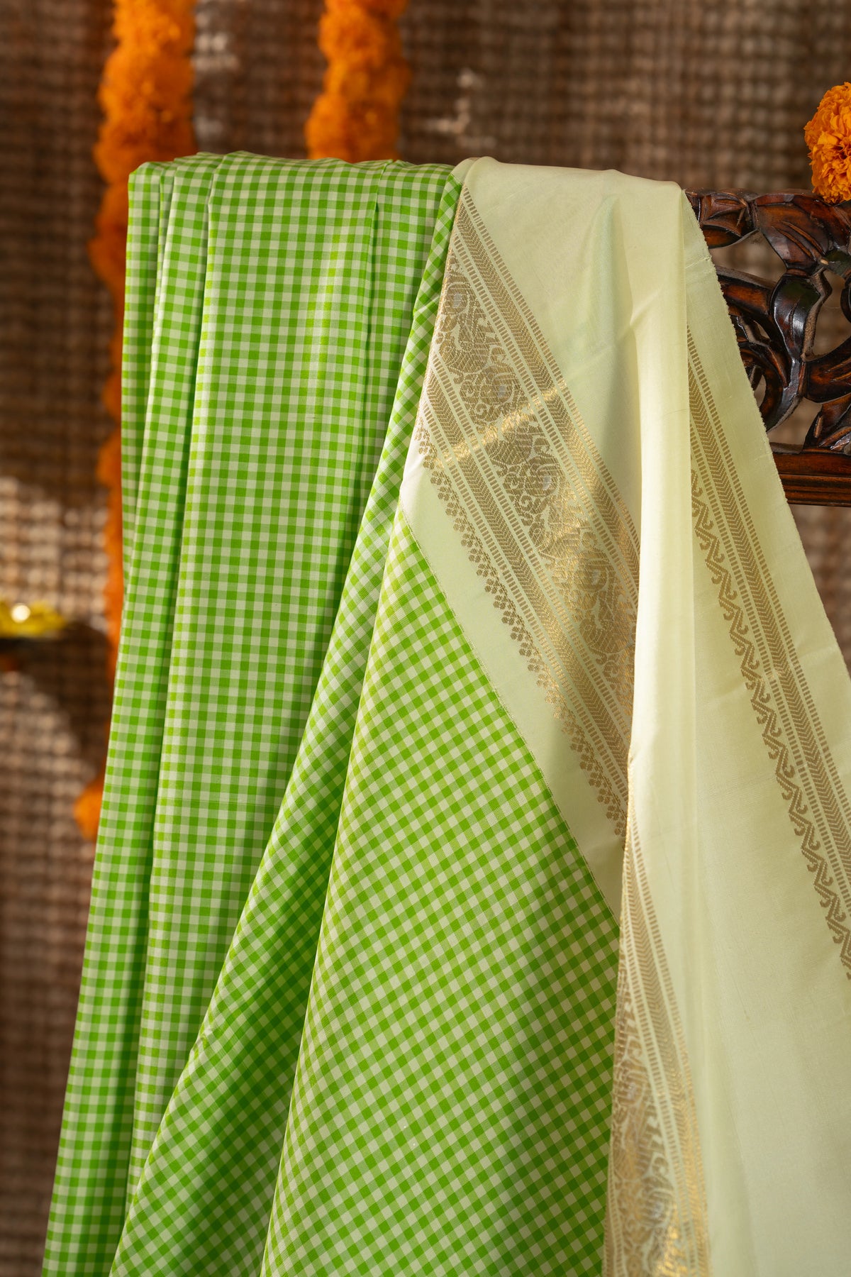 Classic Kanchipuram Silk Checks Parrot Green Saree