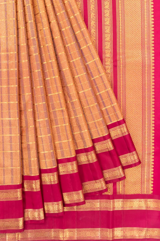 Classic Kanchipuram Silk Checks Gold Saree With Rettai Pettu Border