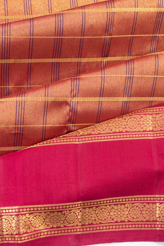 Classic Kanchipuram Silk Checks Gold Saree With Rettai Pettu Border