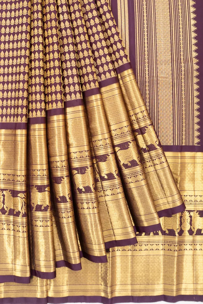 Kanchipuram Silk Brocade Brown Saree With Very Big Border