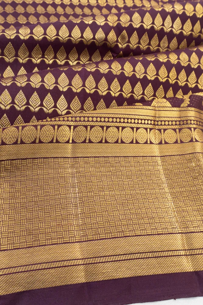 Kanchipuram Silk Brocade Brown Saree With Very Big Border