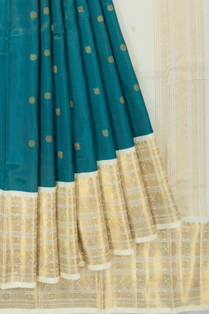 Kanchipuram Silk Oosi Lines And Butta Teal Blue Saree