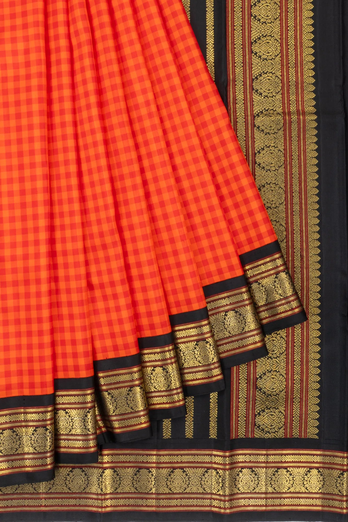 Vintage Kanchipuram Silk Checks Red And Orange Saree