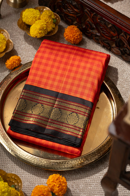 Vintage Kanchipuram Silk Checks Red And Orange Saree