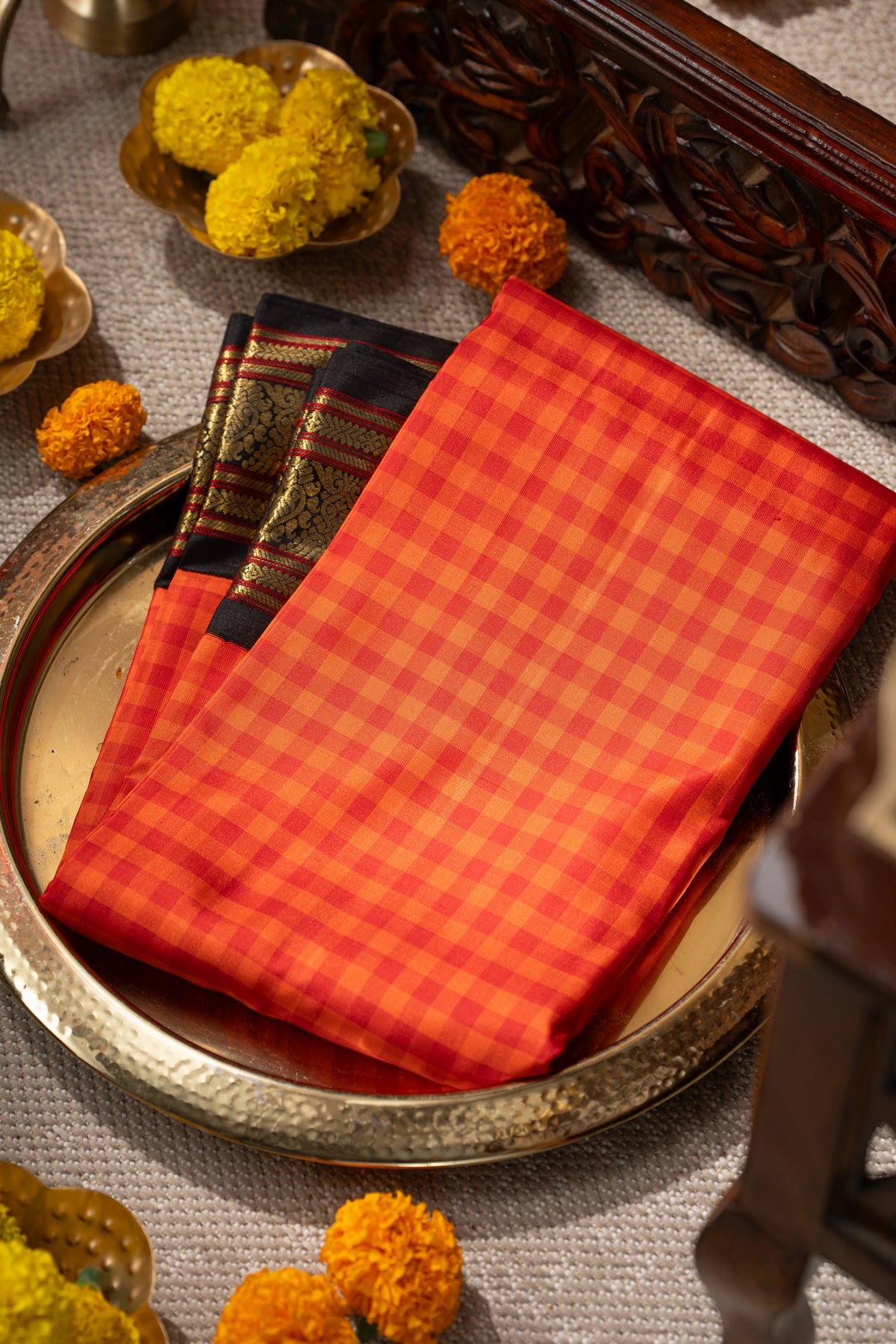 Vintage Kanchipuram Silk Checks Red And Orange Saree