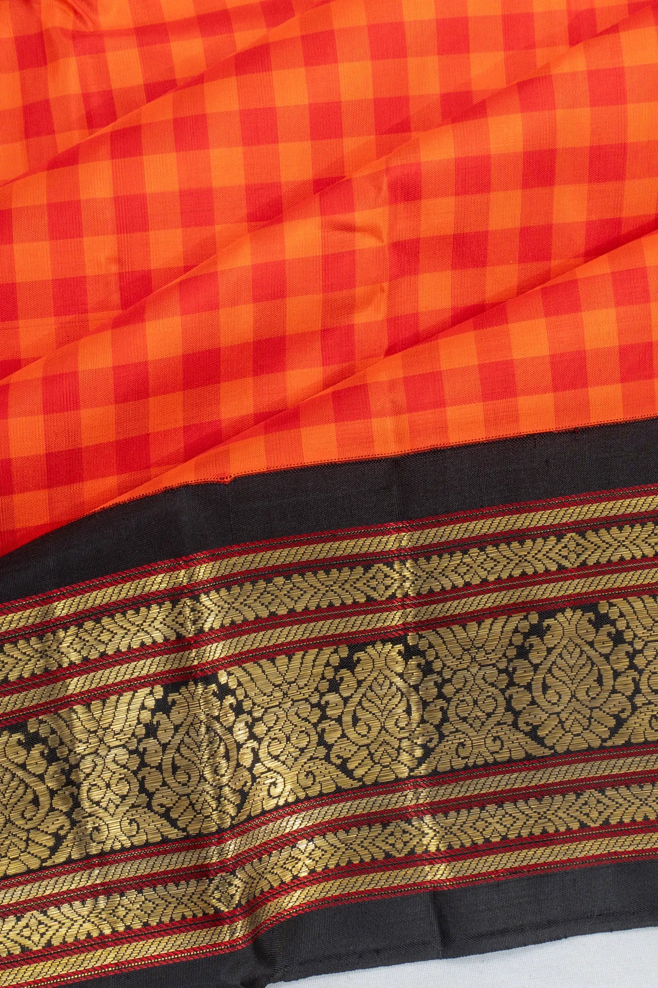 Vintage Kanchipuram Silk Checks Red And Orange Saree