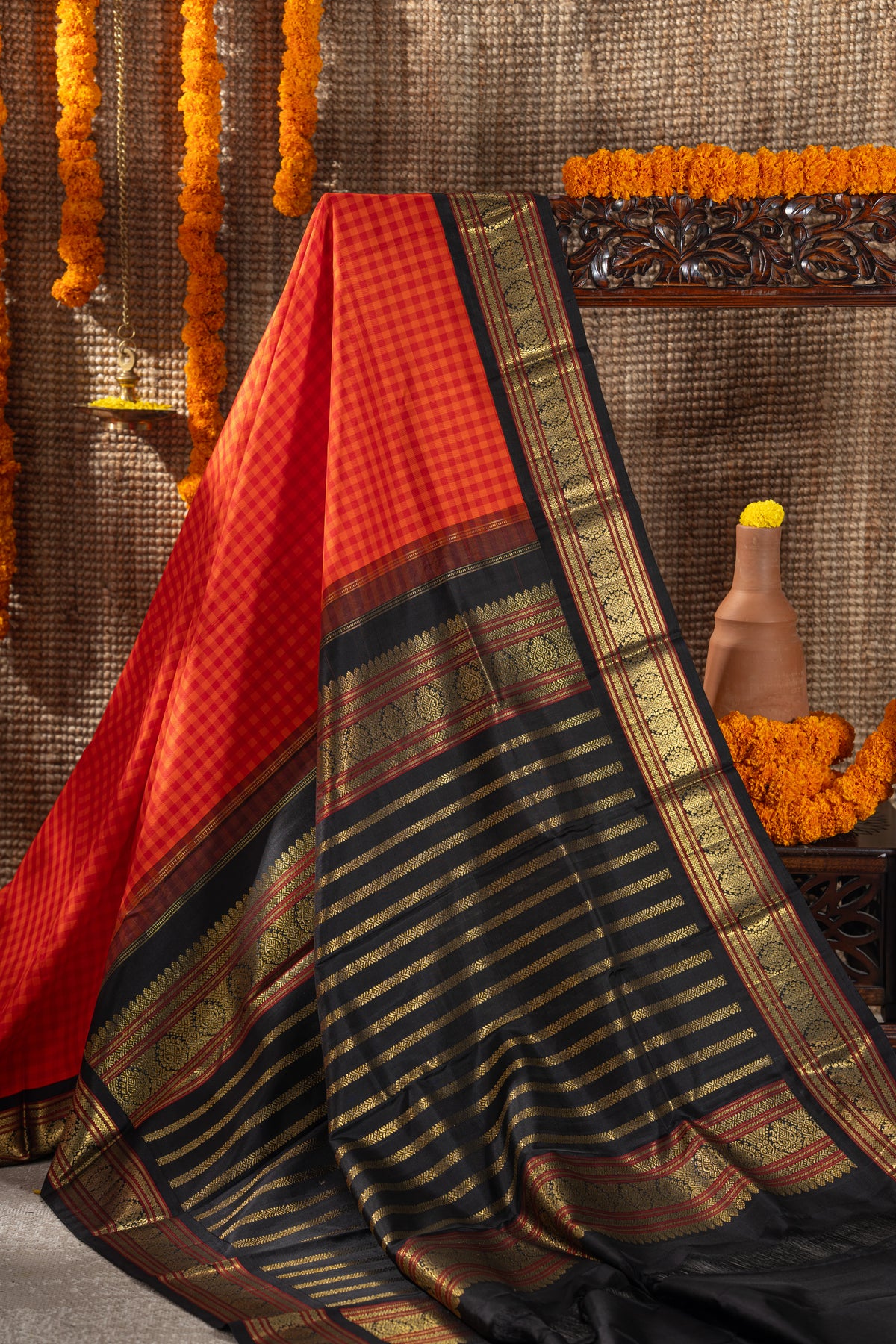 Vintage Kanchipuram Silk Checks Red And Orange Saree