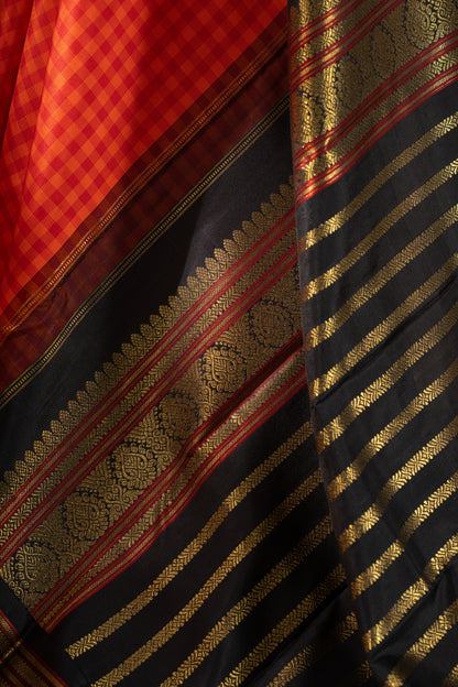 Vintage Kanchipuram Silk Checks Red And Orange Saree