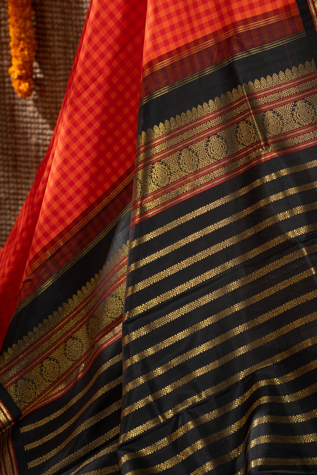Vintage Kanchipuram Silk Checks Red And Orange Saree