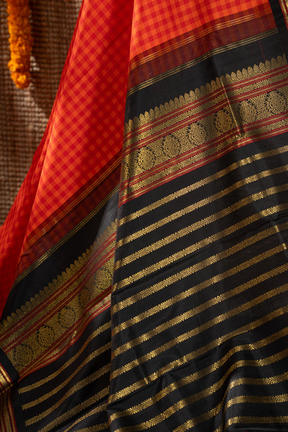 Vintage Kanchipuram Silk Checks Red And Orange Saree
