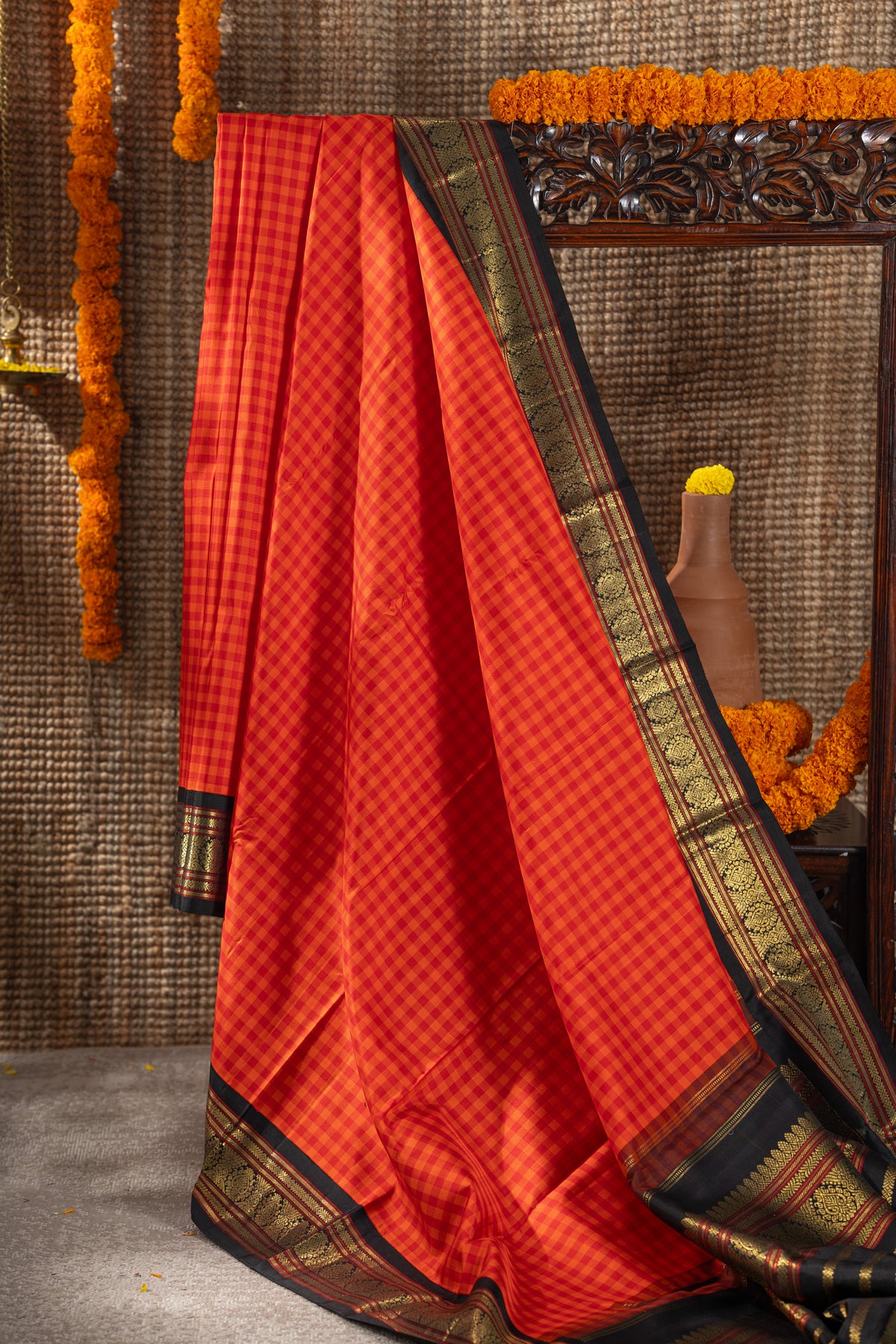Vintage Kanchipuram Silk Checks Red And Orange Saree