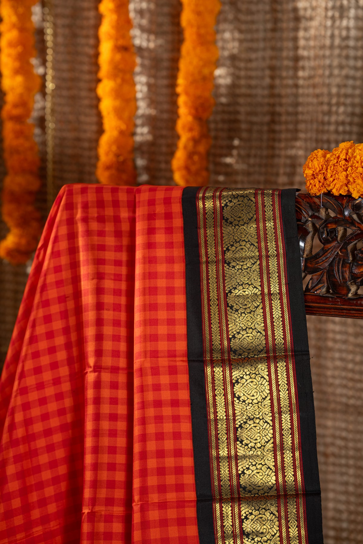 Vintage Kanchipuram Silk Checks Red And Orange Saree