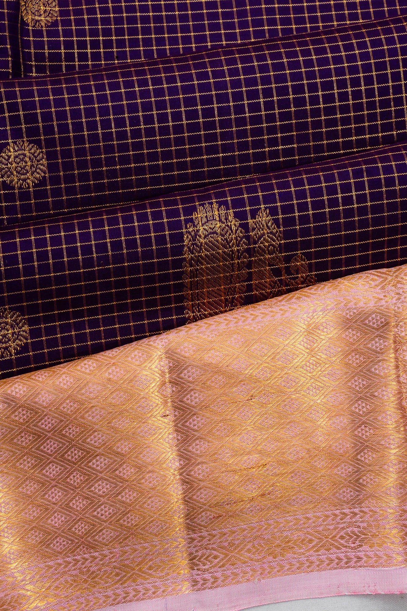 Kanchipuram Silk Checks And Butta Purple Saree