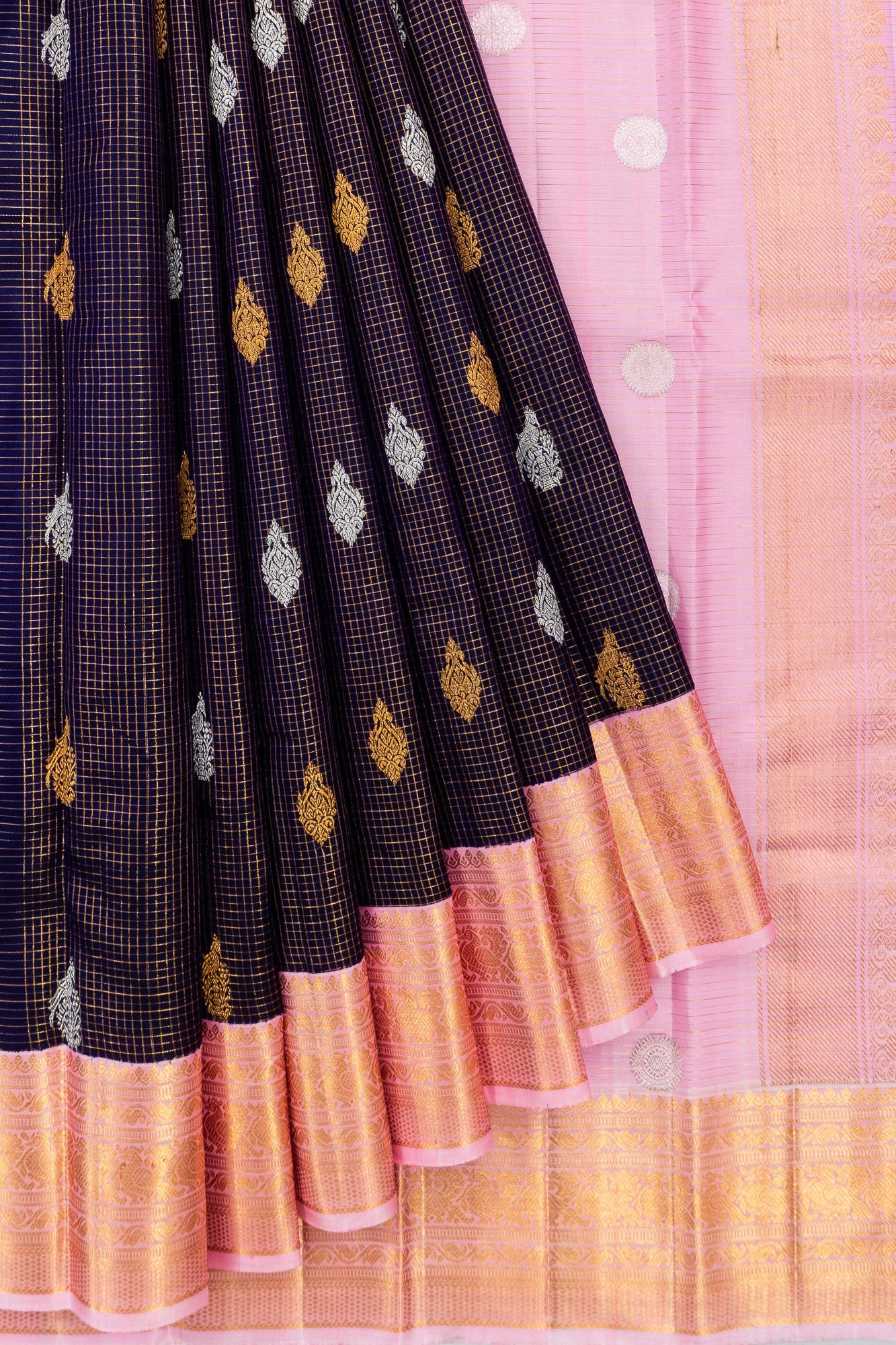 Kanchipuram Silk Checks And Butta Dark Blue Saree
