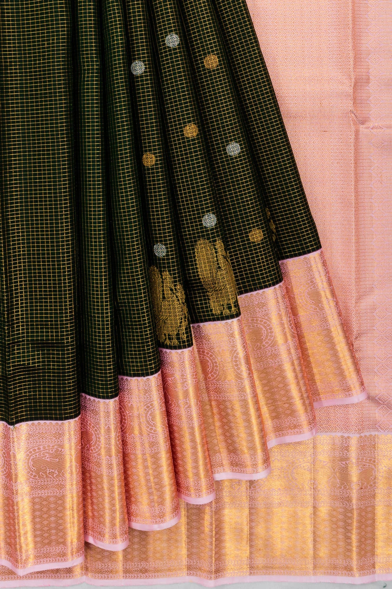 Kanchipuram Silk Checks And Butta Bottle Green