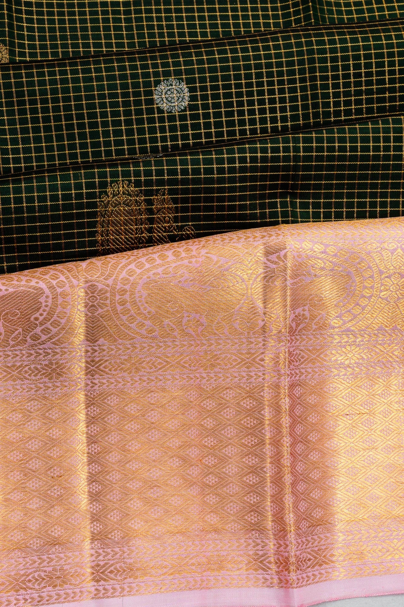 Kanchipuram Silk Checks And Butta Bottle Green