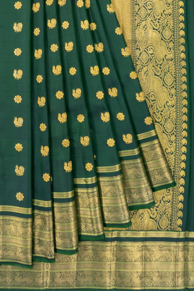Kanchipuram Silk Twill Butta Bottle Green Saree