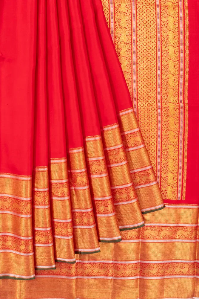 Kanchipuram Silk Twill Plain Red Saree With Very Big Border