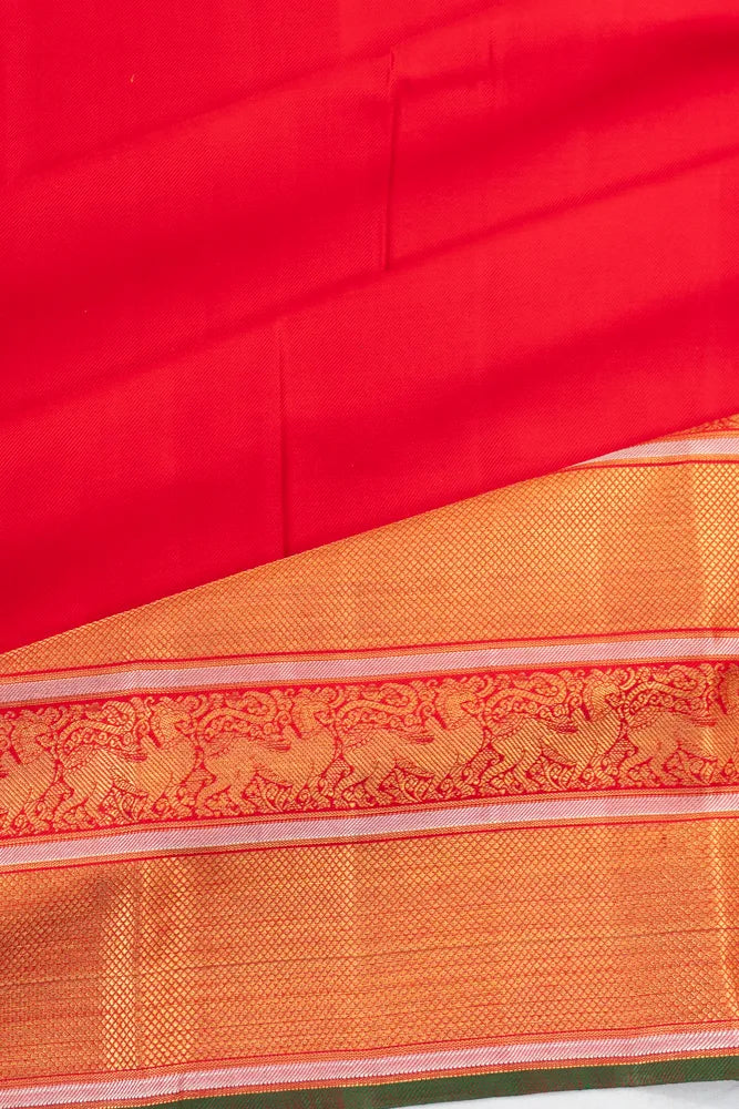 Kanchipuram Silk Twill Plain Red Saree With Very Big Border
