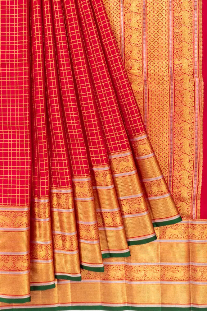 Kanchipuram Silk Twill Checks Red Saree