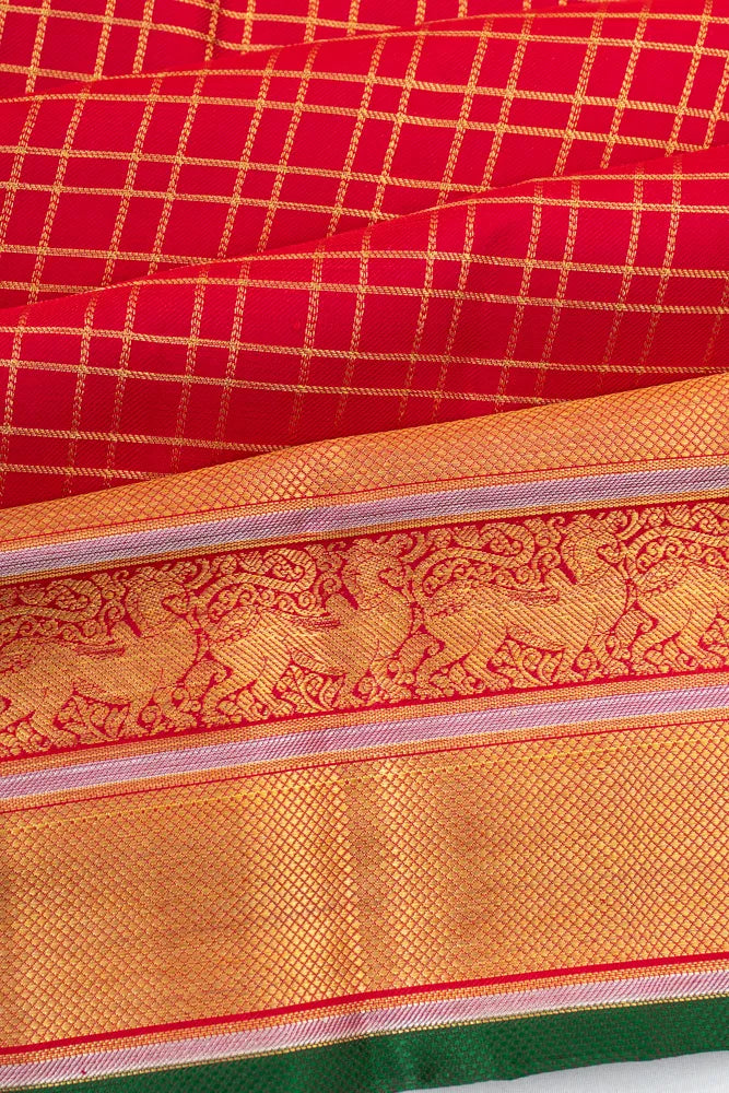 Kanchipuram Silk Twill Checks Red Saree