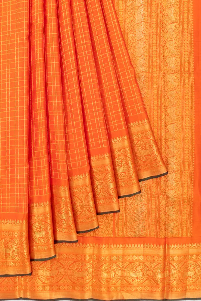 Kanchipuram Silk Twill Checks Orange Saree