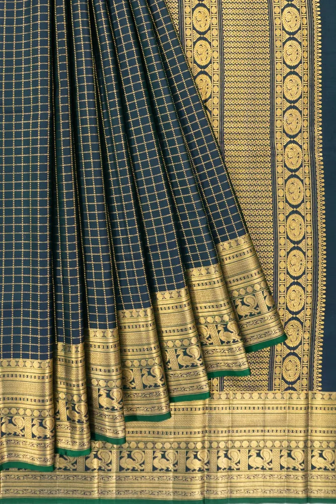 Kanchipuram Silk Twill Checks Dark Green Saree