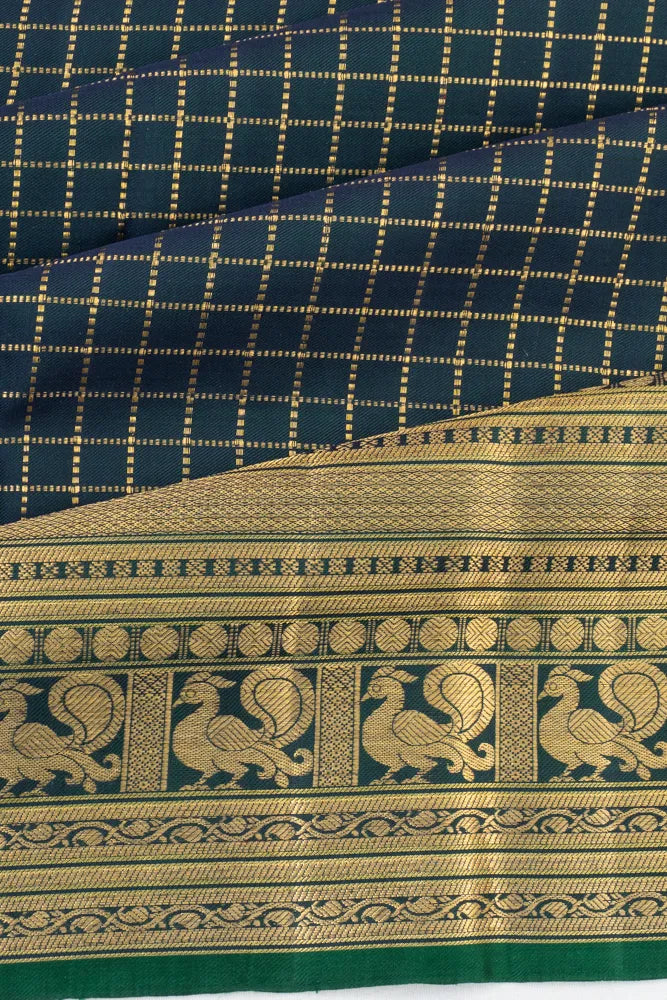 Kanchipuram Silk Twill Checks Dark Green Saree